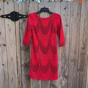 CHETTA B Red and Navy lace overlay Shift Cocktail Dress size 2